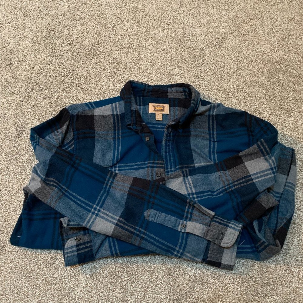 MENS FOUNDRY BLUE PLAID FLANNEL SHIRT SIZE XLT  #419